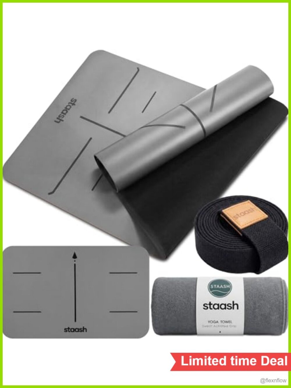 Premium PU Natural Rubber Yoga Mat Set Non-Slip Towel Strap Knee Pad Studio